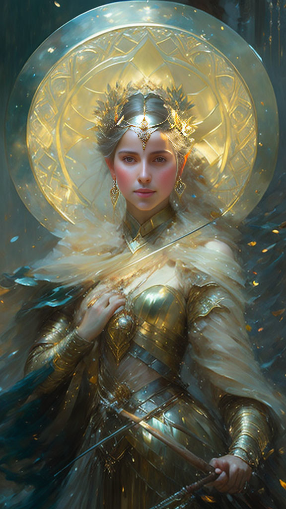 Ethereal woman in golden armor with halo and crown in mystic forest scene