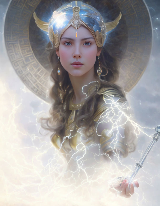 Mystical female figure in golden armor with glowing staff