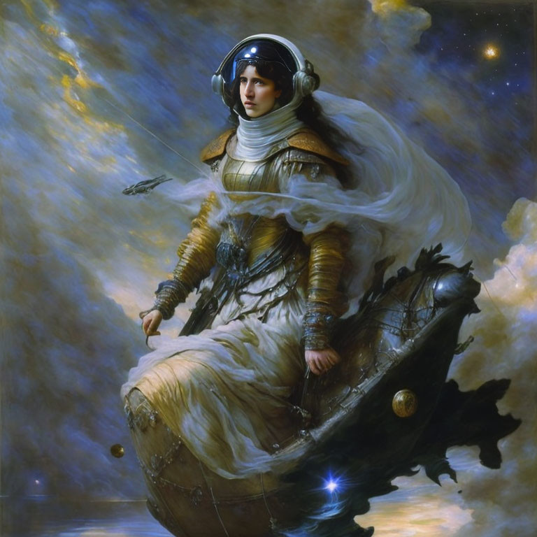 Person in space suit on classical sculpture in starry sky with planet and nebulae.