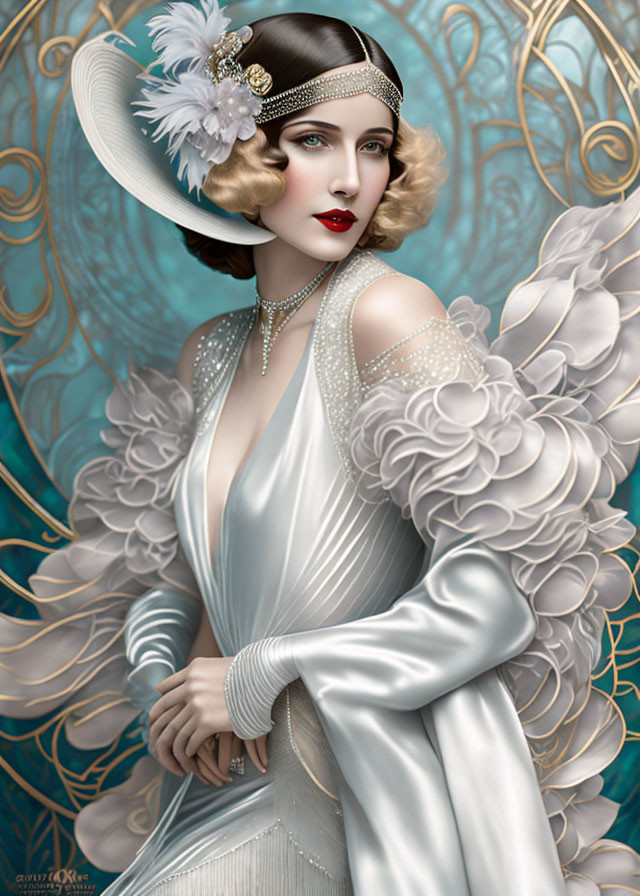 1920s fashion illustration with woman in feathered hat & pearl accessories