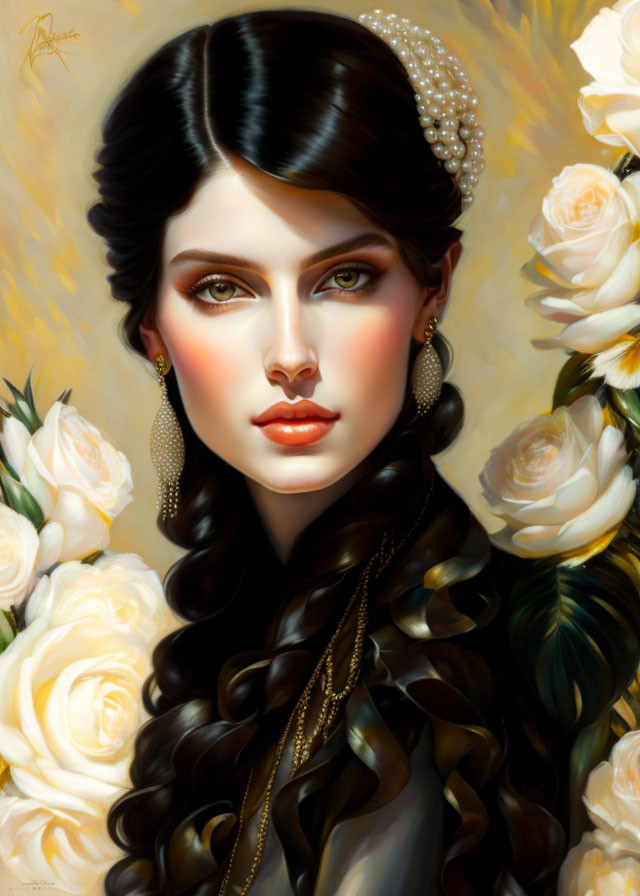 Digital portrait of woman with dark hair, pearl accessories, cream roses, ethereal glow