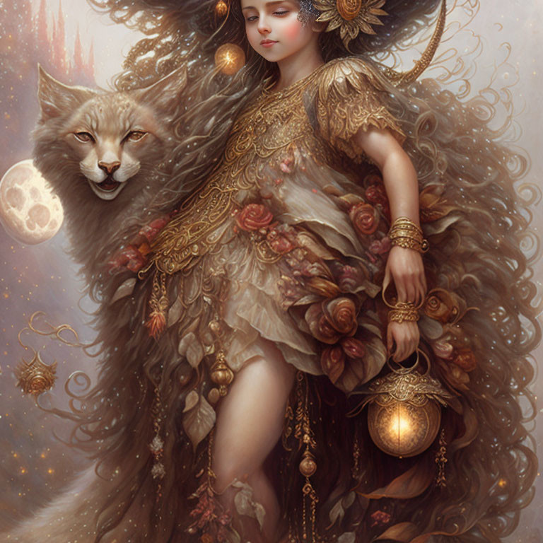 Fantasy illustration of a woman merging with a majestic wolf spirit in a moonlit rose garden