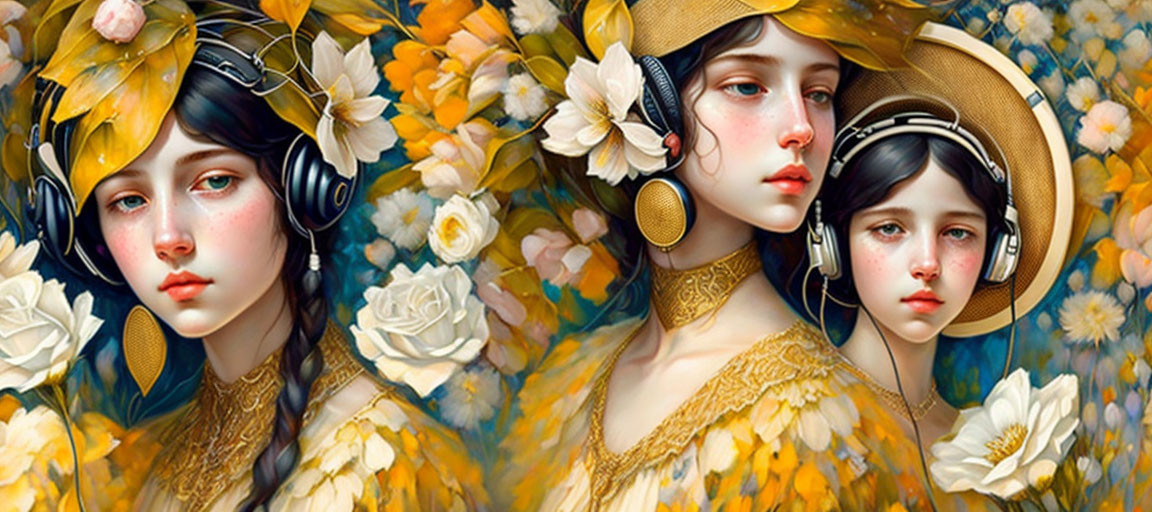 Illustrated young women in gold attire with headphones on vibrant floral background