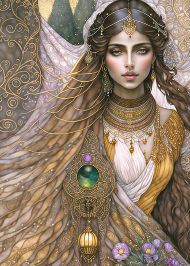 Woman adorned with ornate jewelry and peacock feather garments in mystical illustration