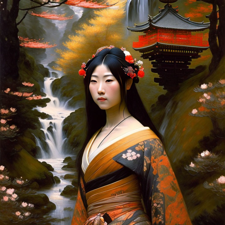 Traditional Japanese attire woman with red flowers in hair before scenic waterfall, autumn trees, pagoda