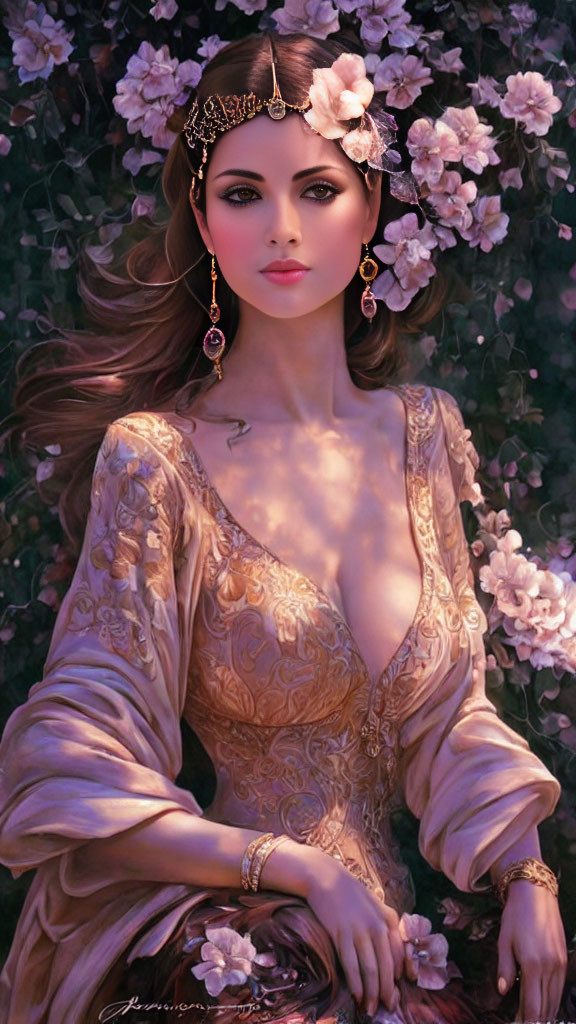 Illustrated woman with flowing hair and jeweled headpiece in gold-trimmed dress among pink roses