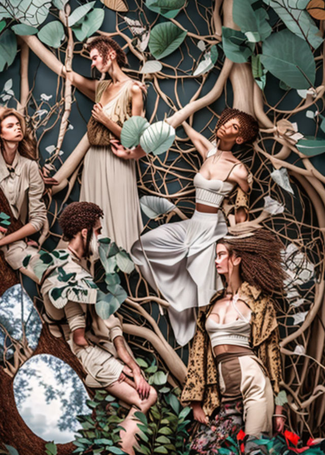 Five People Posed Among Tree Branches and Leaves with Round Mirror in Background