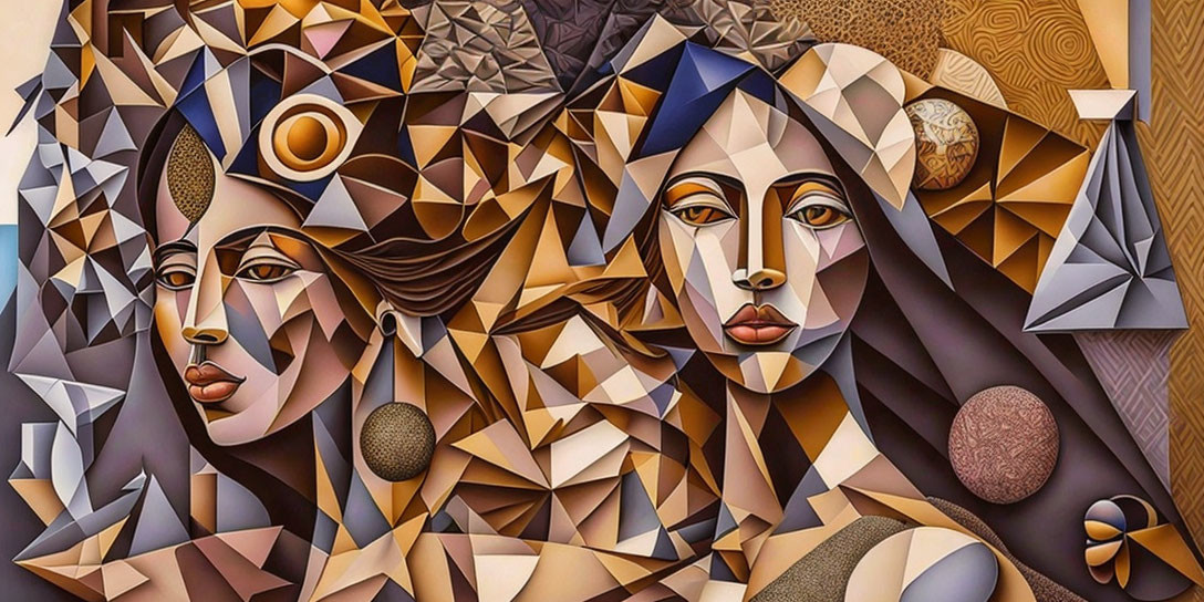 Cubist painting of two stylized female faces in warm earth tones