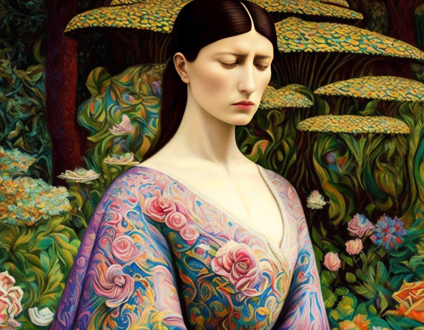 Somber woman in floral gown in fantastical mushroom-forest