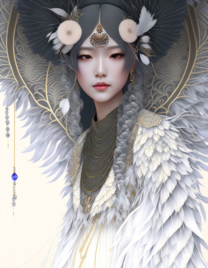 Intricate feathered headwear and jewelry on serene woman