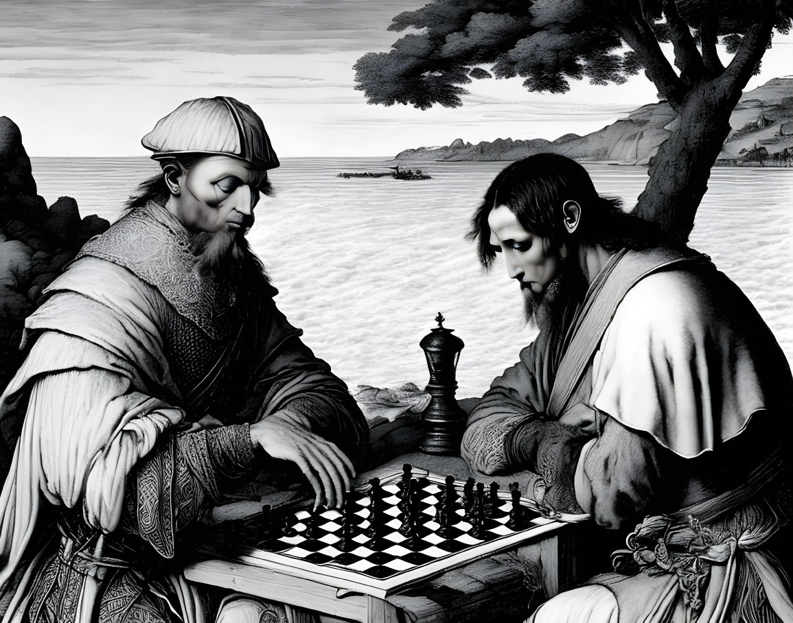 Medieval-themed chess game by the sea and cliffs