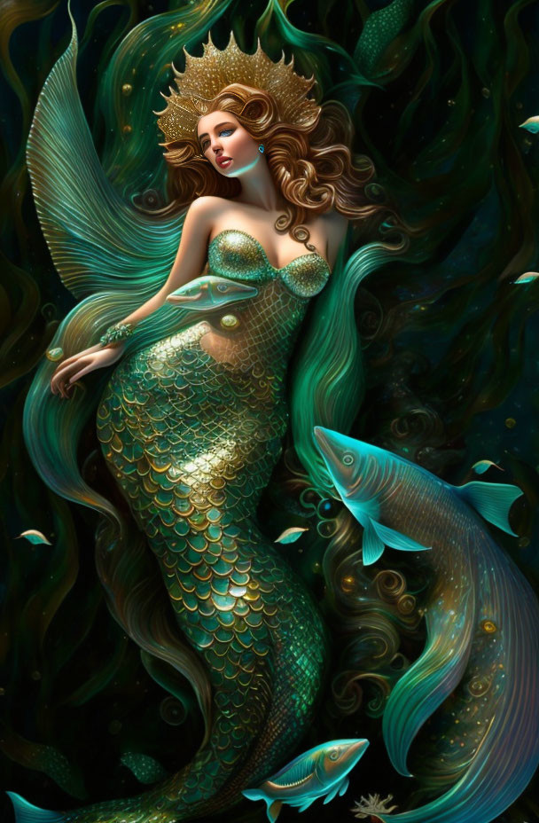 Mermaid with golden crown and green tail swimming with fish in ethereal underwater scene