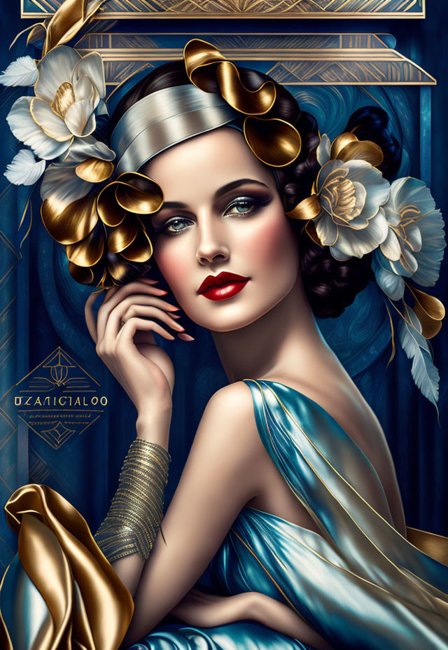 Elegant woman with striking makeup in blue dress and silver headband surrounded by gold-accented white