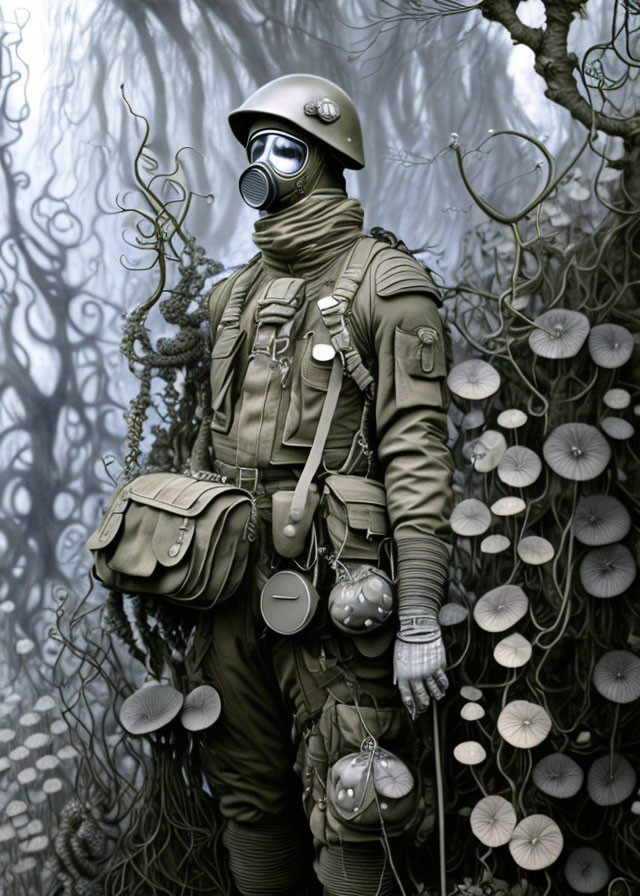 Figure in vintage gas mask and military uniform in surreal setting with twisting vines and mushroom-covered trees