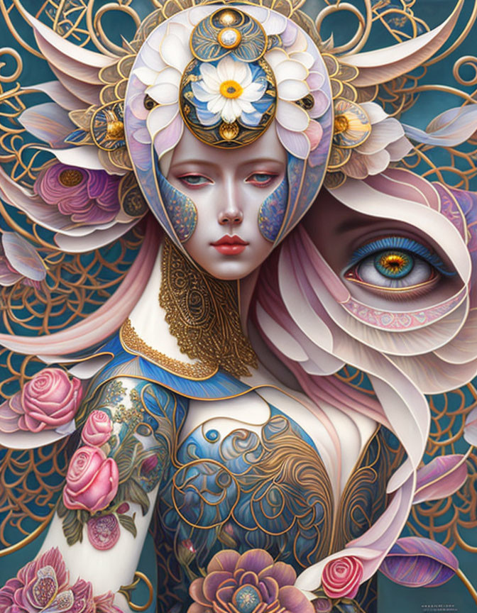 Intricate surreal digital artwork: woman with elaborate headdress, flowing patterns