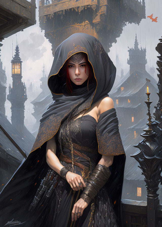 Mysterious woman in dark cloak with red eyes and crimson lips in gothic cityscape