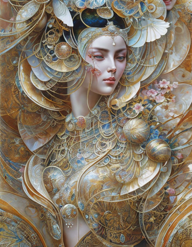 Detailed illustration of woman in ornate golden jewelry against swirling backdrop