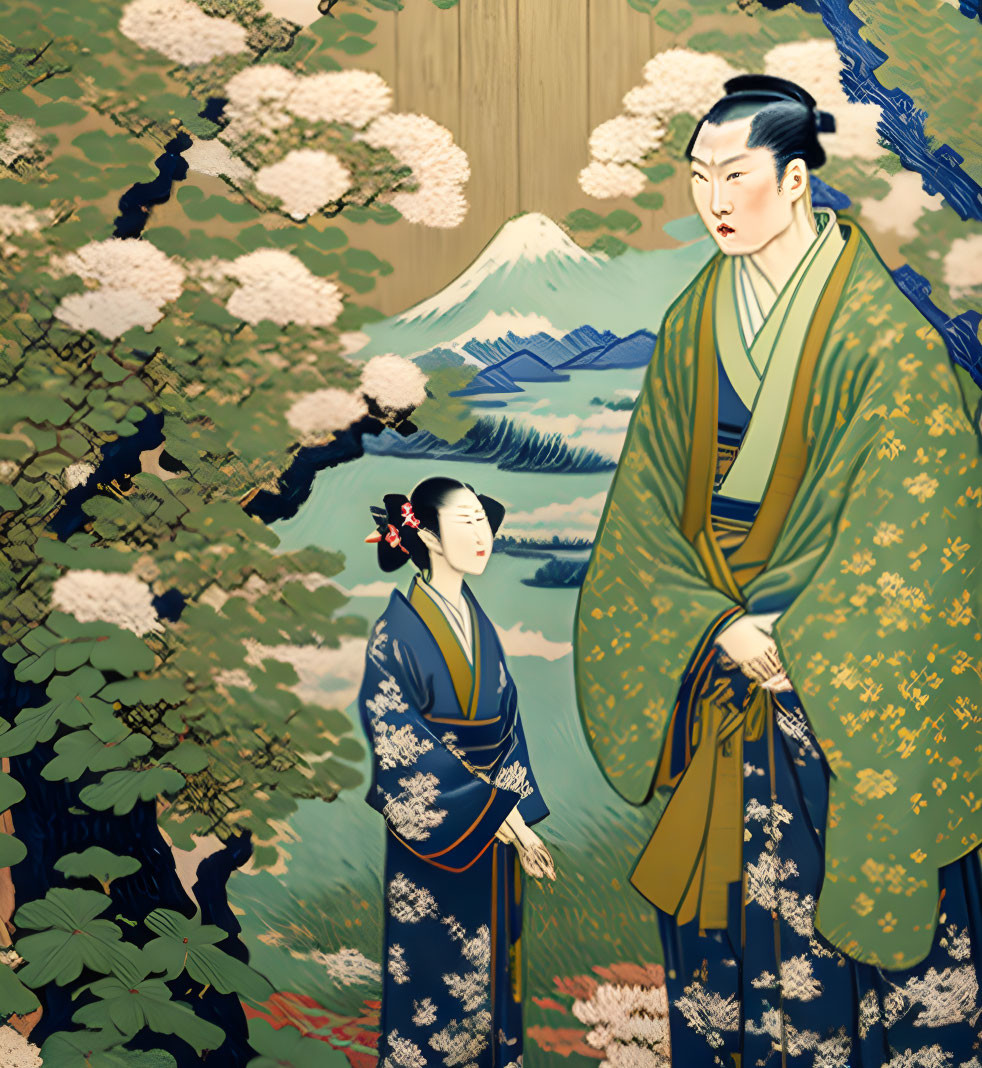 Japanese art: Man and woman in kimonos with Mount Fuji and cherry blossoms