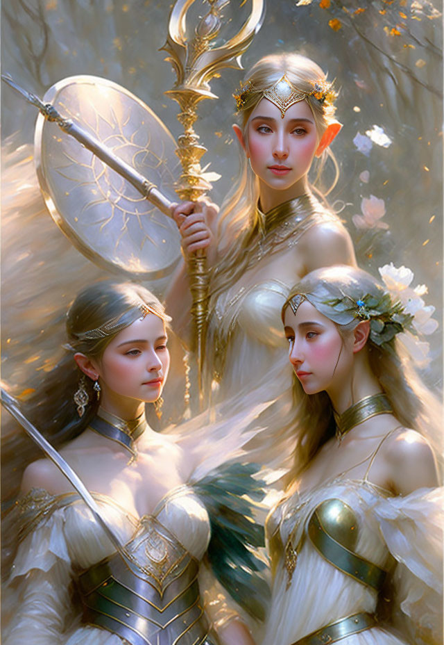 Three women in metallic armor and crowns, holding spears in enchanted forest