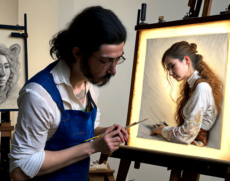 Artist in glasses paints woman portrait in well-lit studio