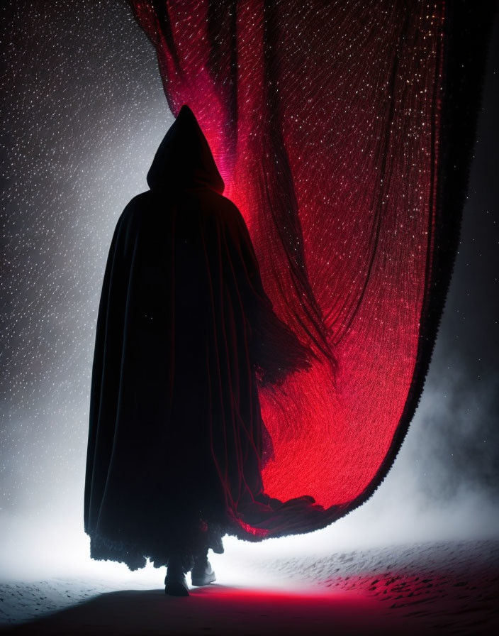 Mysterious Figure in Cloak Under Starry Sky with Red Light Wave