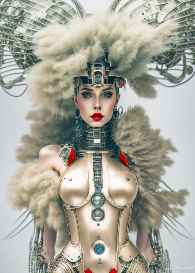 Futuristic female android with metallic body and blue eyes