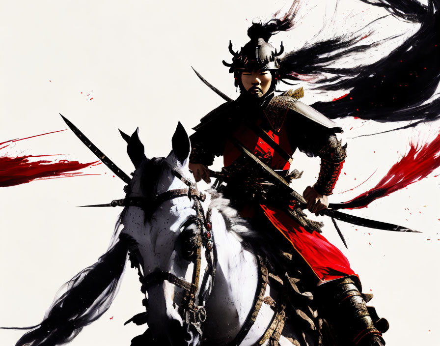 Animated warrior in traditional armor riding white horse against red ink backdrop