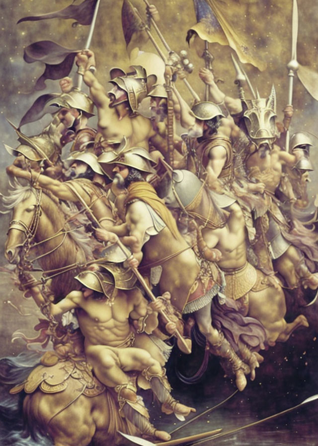 Fantastical multi-limbed warrior on horseback in elaborate armor and helmets with mystical backdrop.