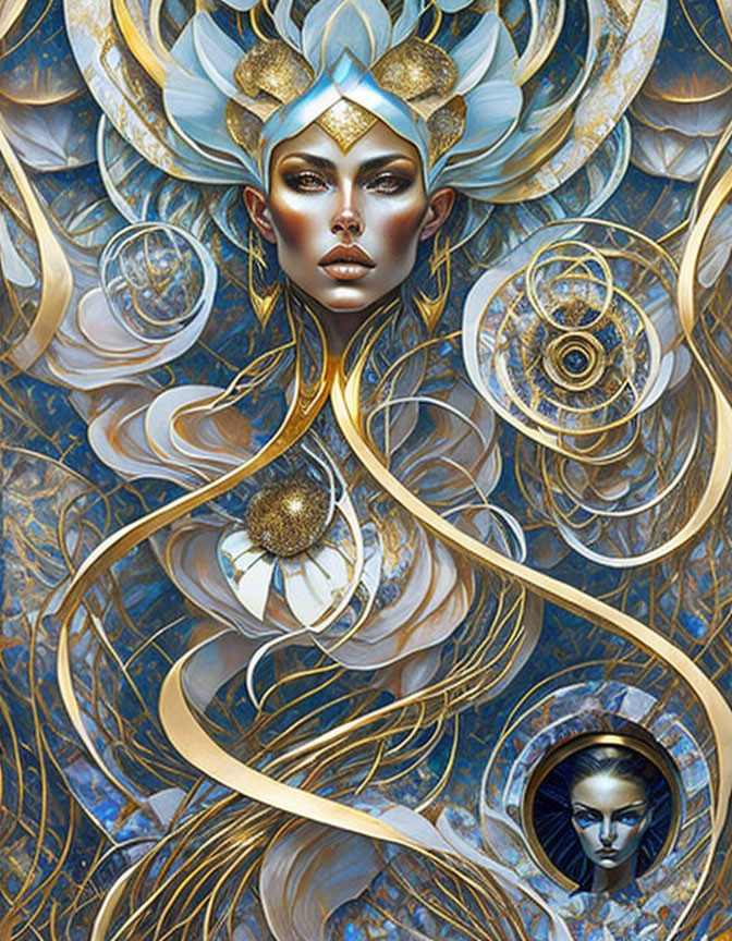 Intricate Artwork: Woman with Golden Headpiece and Complex Blue and Gold Patterns