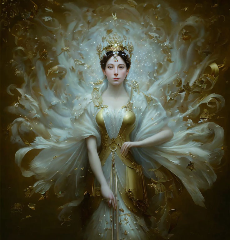 Ethereal woman in golden dress with swirling aura and regal elegance