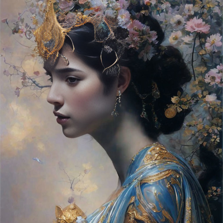 Woman portrait with golden headdress, blue garment, floral backdrop