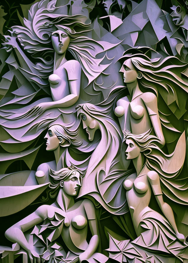 Abstract Green Monochrome Art with Stylized Female Figures