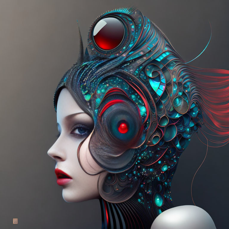 Colorful digital artwork: Woman with intricate mechanical features in hair.