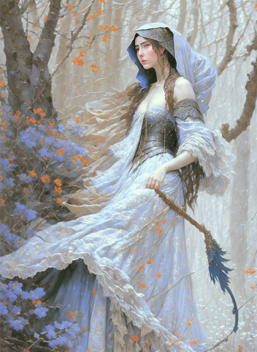 Detailed Fantasy Costume Woman with Blue Tones in Mystical Forest