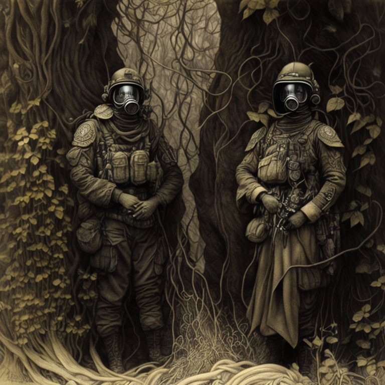 Vintage diving suits in dense forest with intricate roots and vines