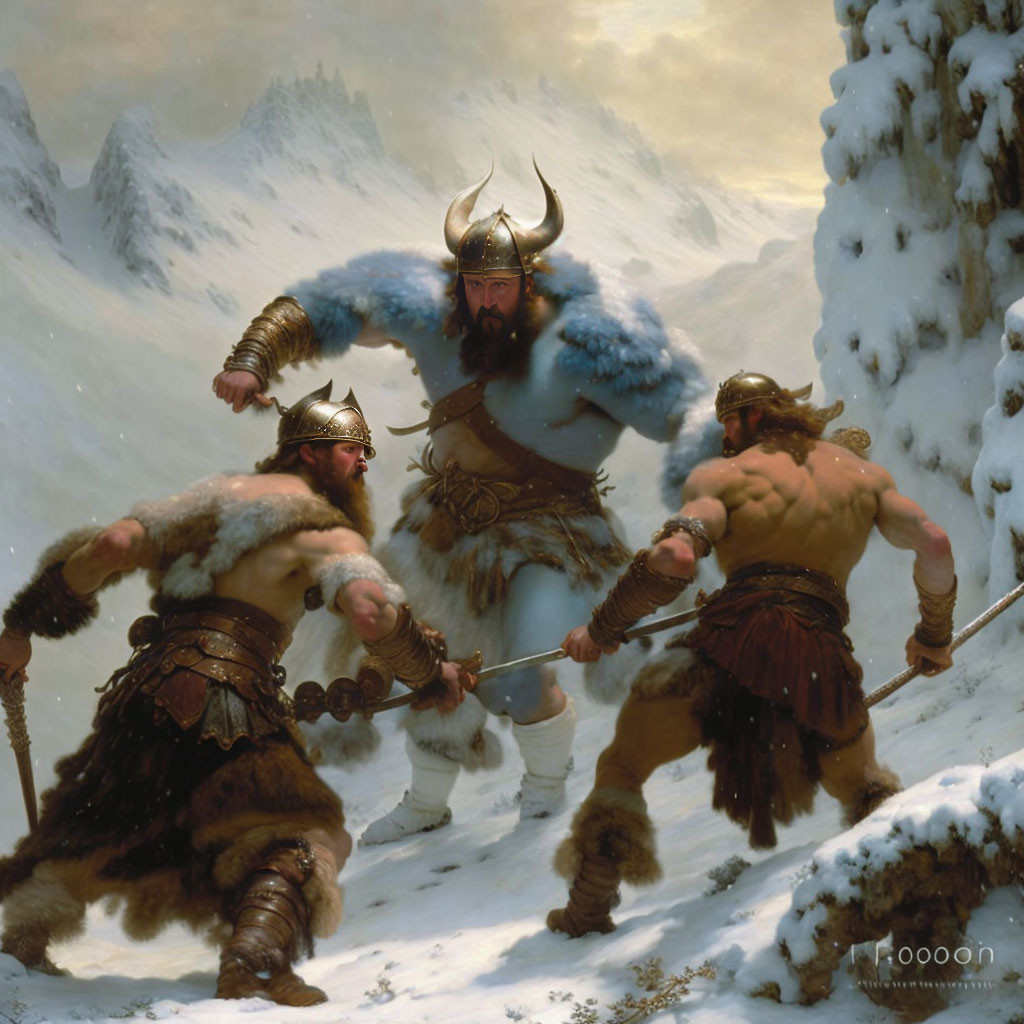 Viking warriors in fur and armor crossing snowy mountains