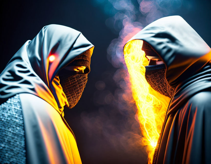 Two hooded figures in patterned masks in colorful light.