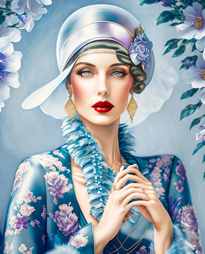 Vintage Style Woman in Blue Floral Outfit and Classy Hat