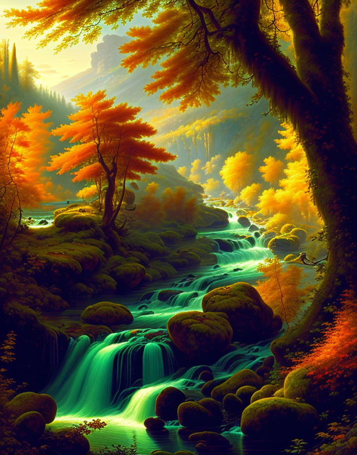 Autumnal forest with golden foliage and turquoise waterfall.