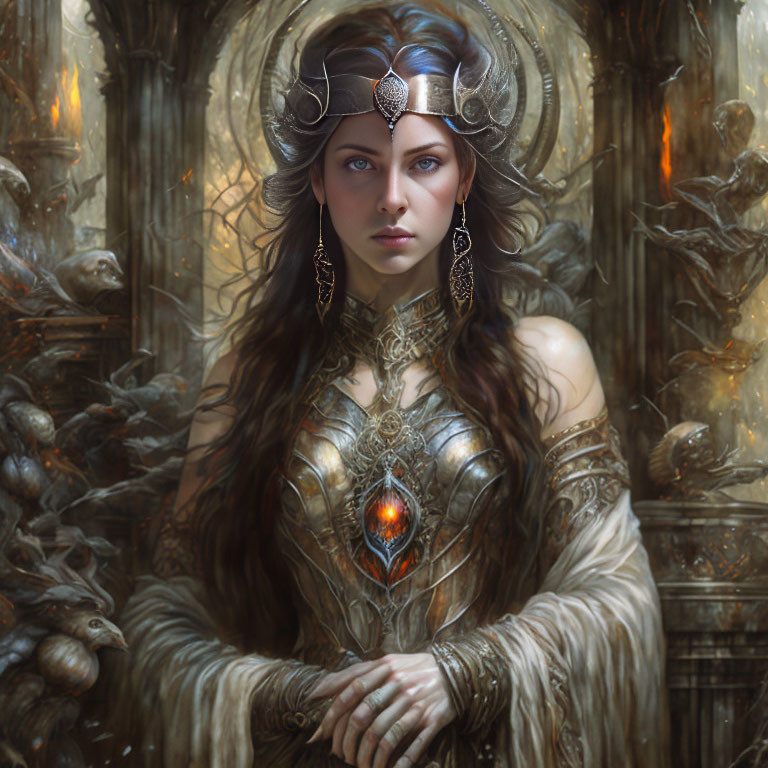 Regal woman in ornate headgear and armor in mystical setting