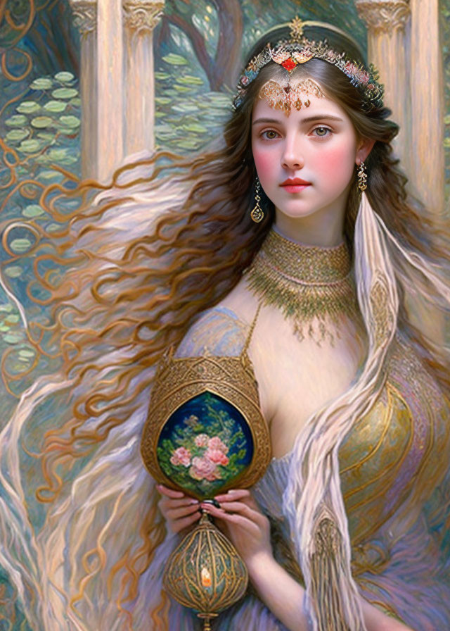 Regal woman with flowing hair and ornate chalice in mystical forest