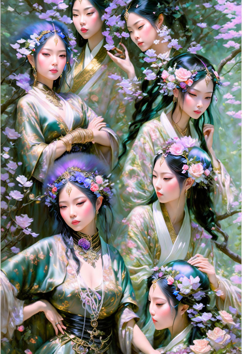 Six Elegant Women in Traditional Asian Attire with Floral Hairpieces