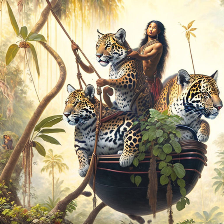 Woman and three jaguars on platform in lush jungle with observing monkey