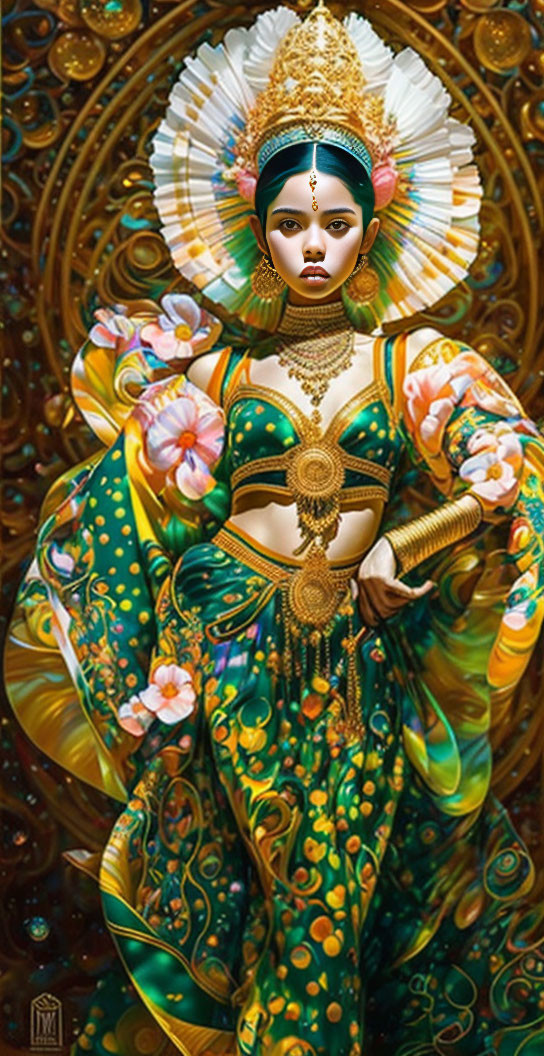 Intricately adorned figure in gold and green attire against detailed background