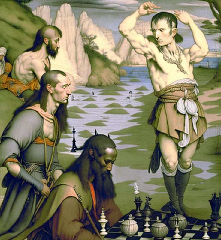 Muscular Men in Renaissance Landscape Chessboard Art