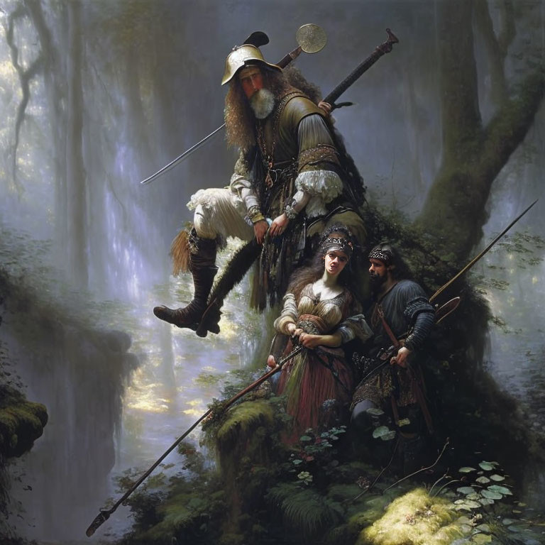 Medieval fantasy characters in forest painting: elderly man, young woman, man with bow