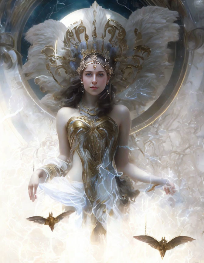 Fantasy image: Woman with angelic wings, golden headdress, halo, and birds