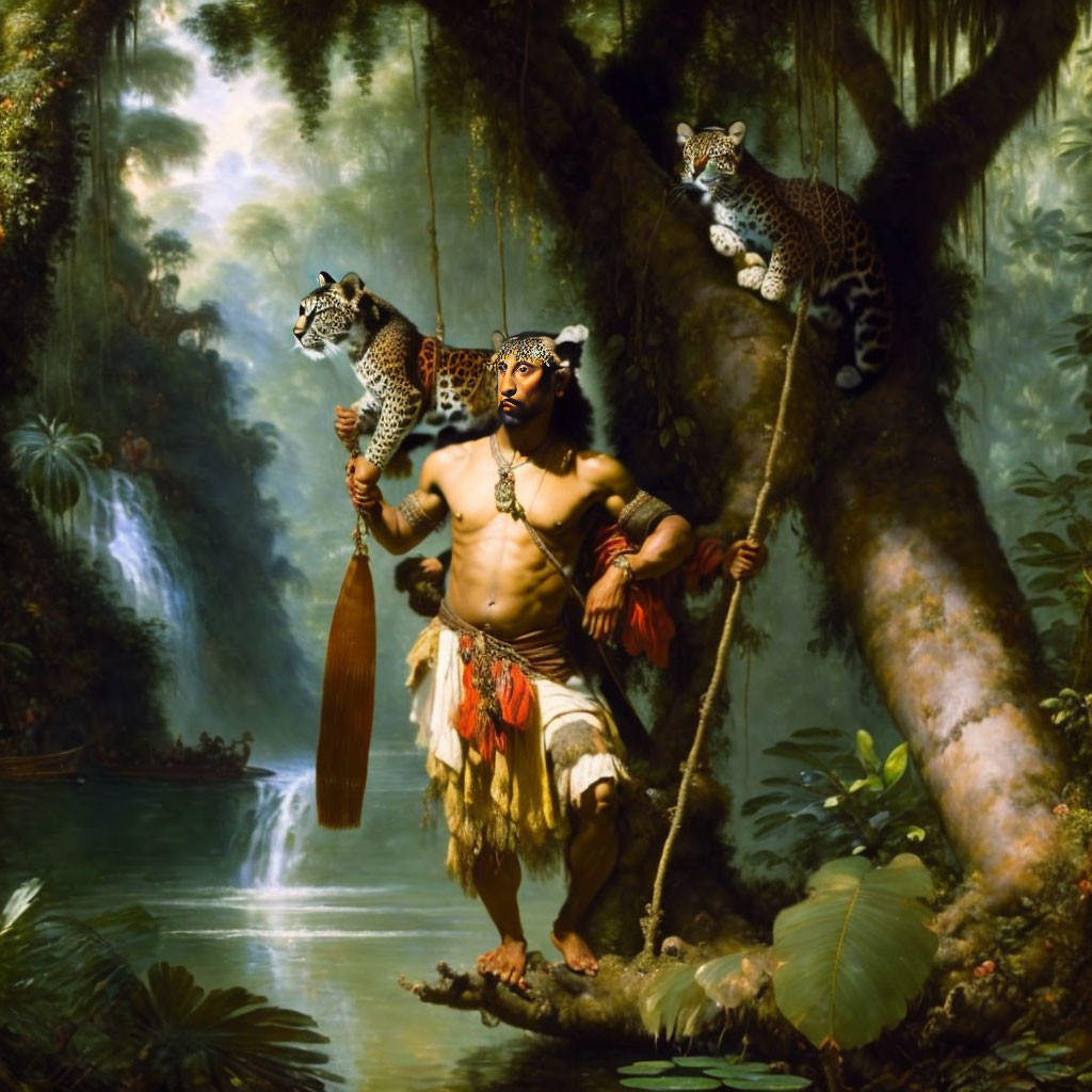 Man in indigenous attire with jaguars in jungle near waterfall.