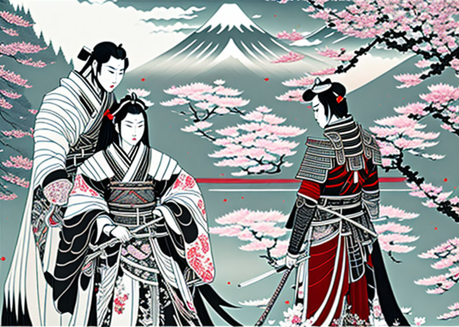 Japanese traditional art: Three figures in historical attire with Mount Fuji and cherry blossoms.