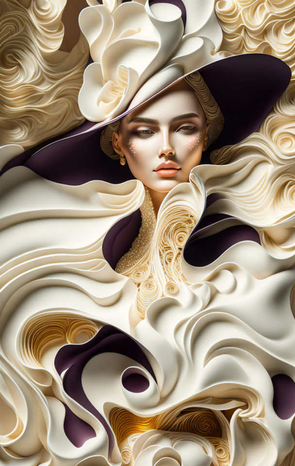 Abstract image of woman in wide-brimmed hat surrounded by creamy swirls